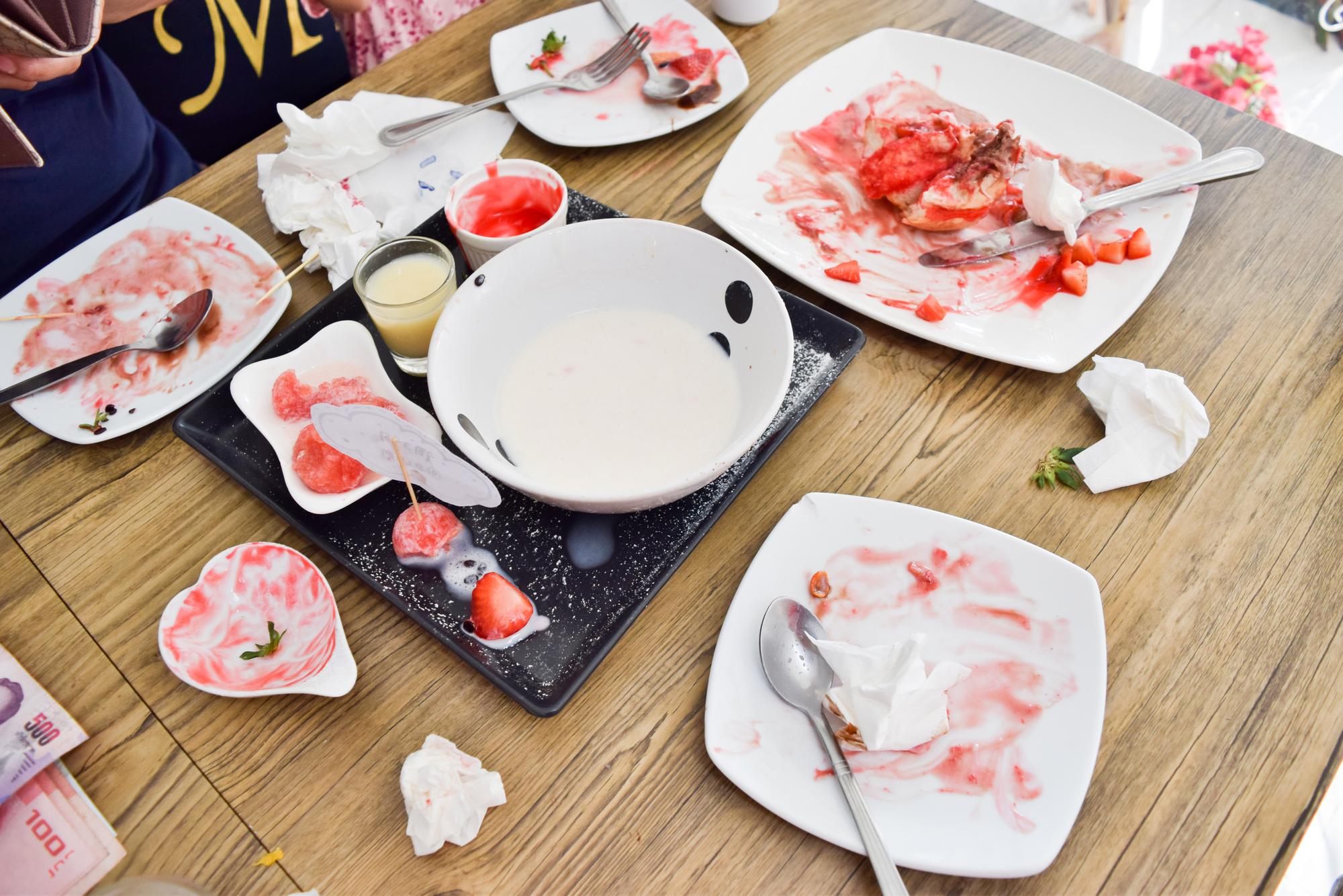 Buffet with mismatched dishes before menu redesign